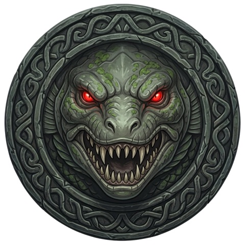 Reef Hound — the Coastal tier arena boss's own badge portrait, drawn on stone