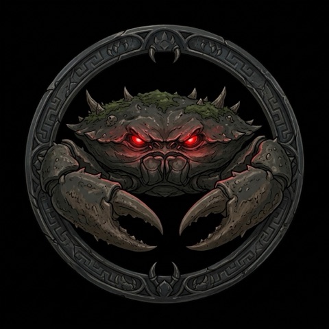 Silt Crab — the Coastal tier arena boss's own badge portrait, drawn on stone