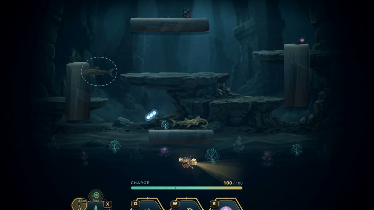 A wave contract in the pit: two Reef Hounds converging on the drone between the stone shelves — one ringed by its dashed tap-target, one glowing amber mid-telegraph — with the charge bar and ability tiles below