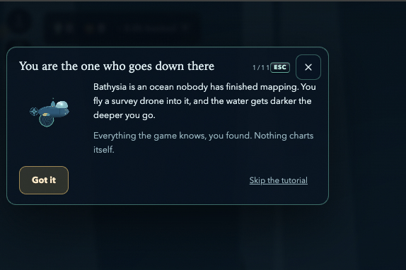 Bathysia's opening tutorial card introducing the first dive.